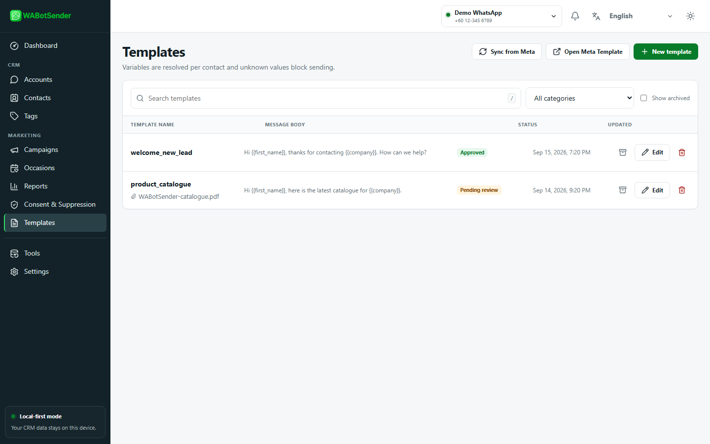 WABotSender template list with Meta sync, approval status and template actions