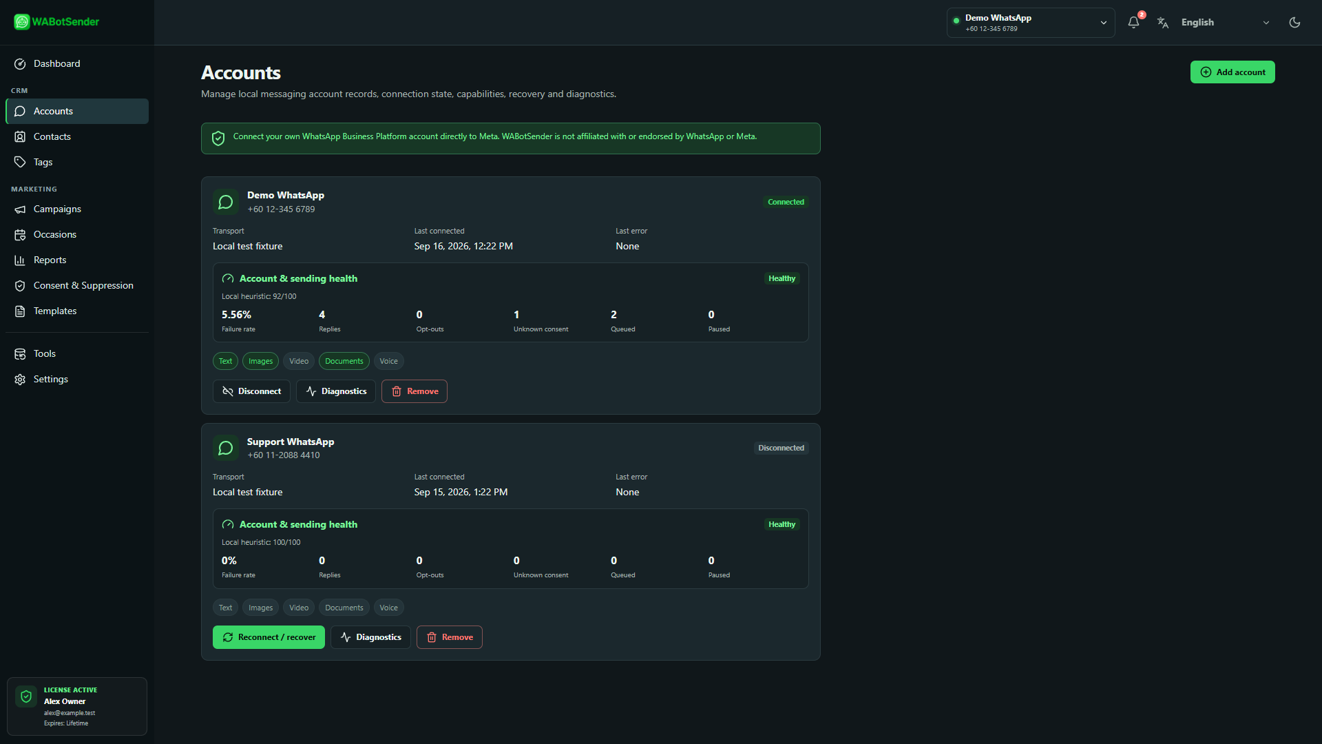 WABotSender Accounts page showing connected and disconnected WhatsApp accounts with sending health and diagnostics