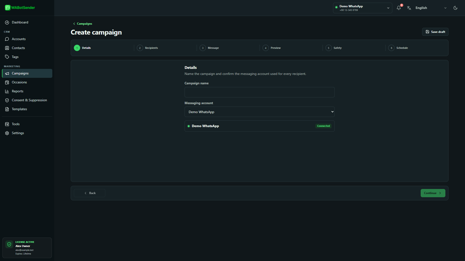WABotSender six-step campaign builder showing account selection and campaign details