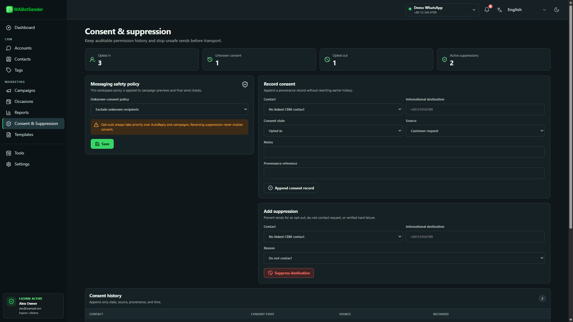 WABotSender Consent and Suppression page showing consent totals, records and suppressed destinations