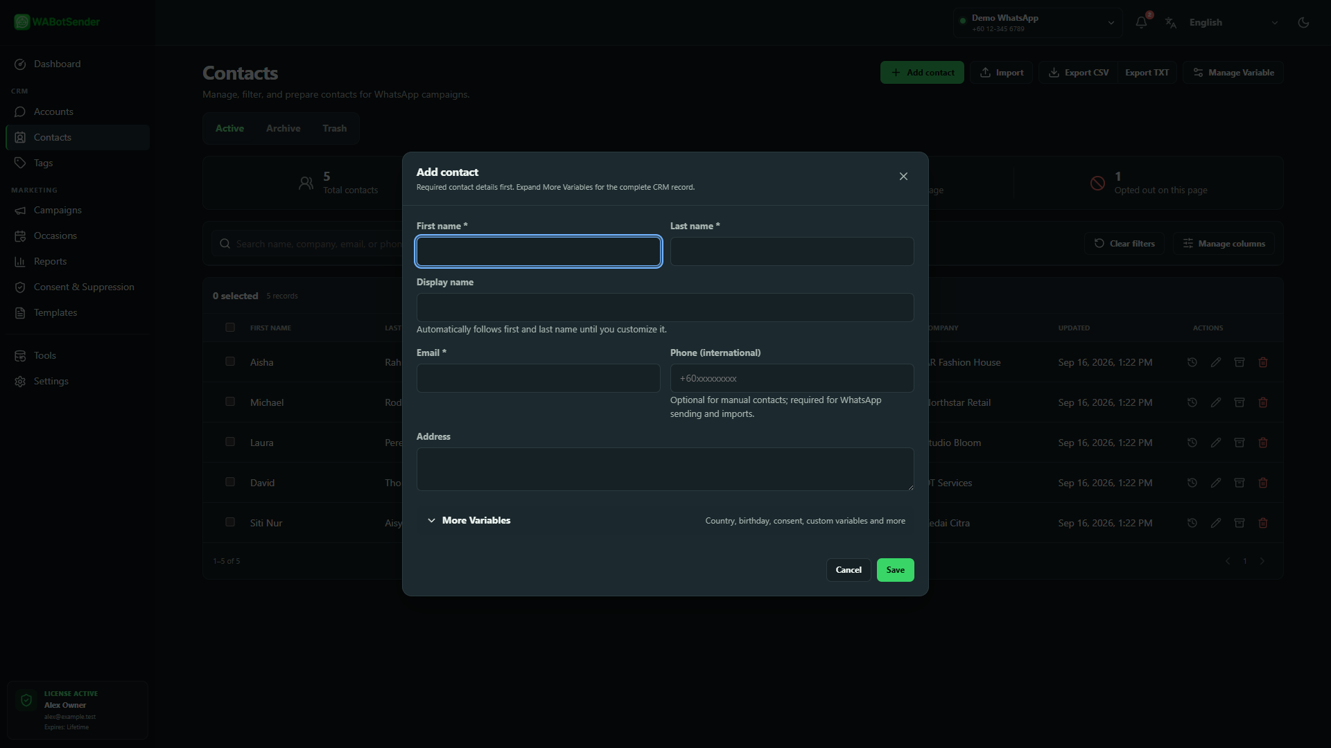 WABotSender add contact dialog with customer identity, email, international phone and additional variables