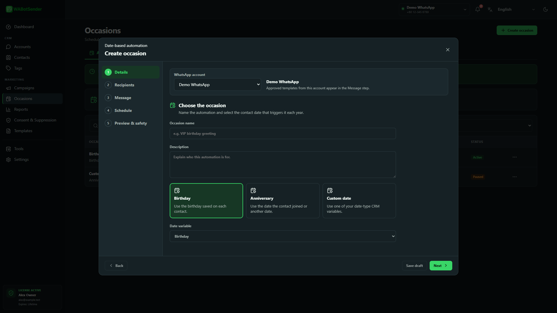 WABotSender Create occasion dialog showing account, occasion type and date variable controls
